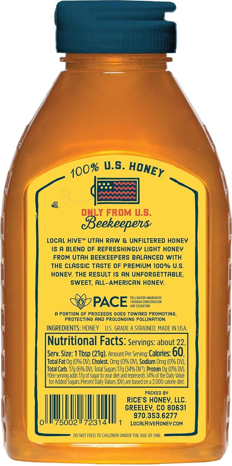Local Hive Utah Raw & Unfiltered – 16 oz | 100% Pure U.S. Honey | Natural Sweetener Sourced from American Bees & Beekeepers | Light Floral Flavor | Ideal for Tea, Baking & Cooking