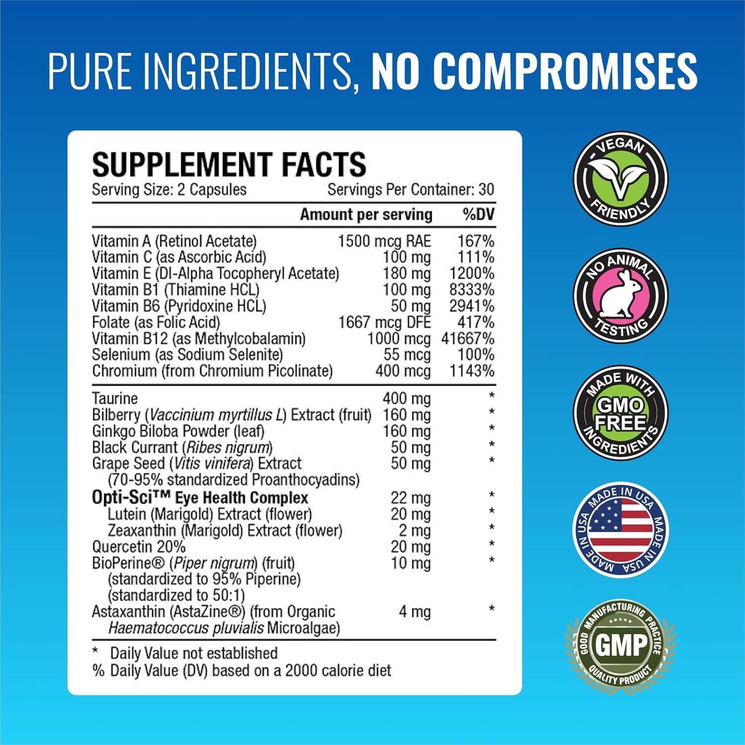Approved Science EyeSyl - Eye Support Supplement - Chromium Picolinate, Taurine, Lutein, Zeaxanthin, Bilberry, BioPerine - 1 Month Supply - 60 Capsules - Made in The USA