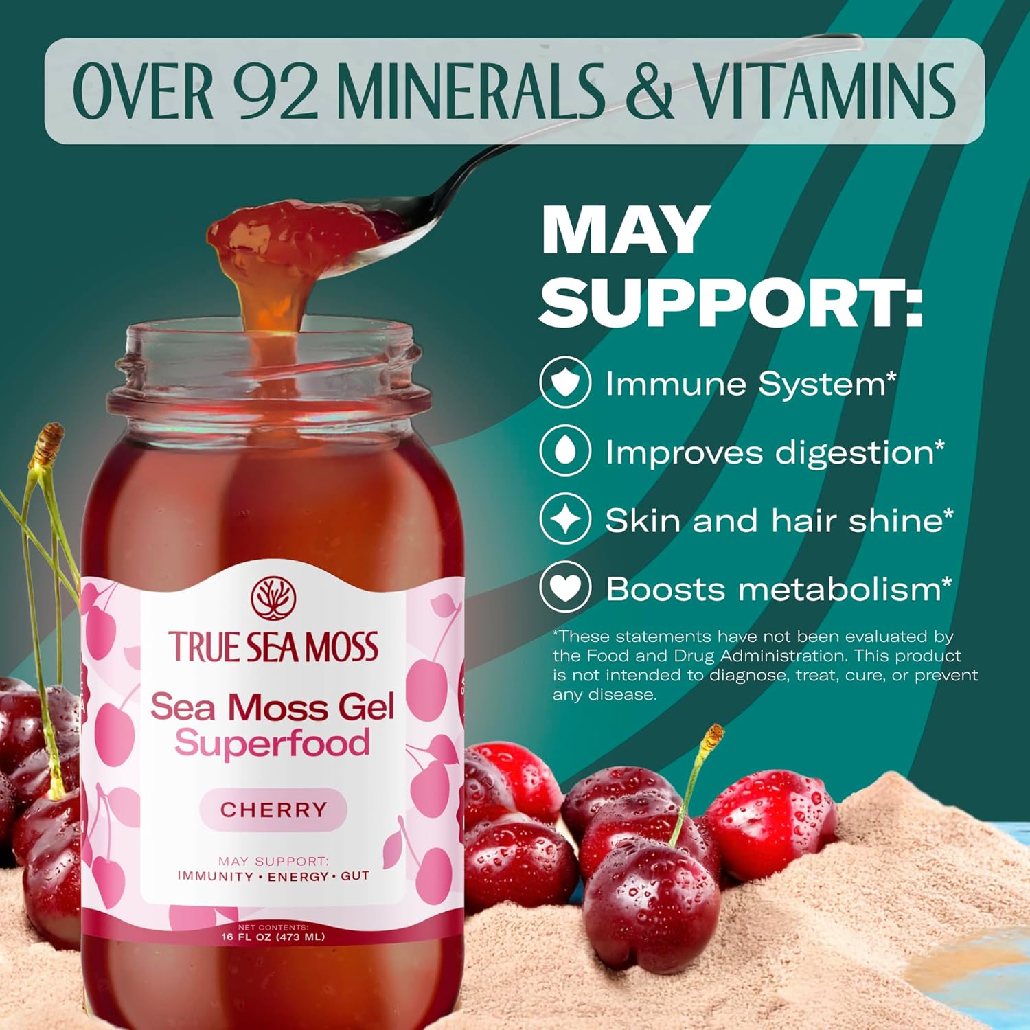 TrueSeaMoss Sea Moss Gel – Made in USA – Wildcrafted Seamoss, Fresh Fruits & Sea Vegetables – Cherry, Pack of 1 (Labels may Vary)