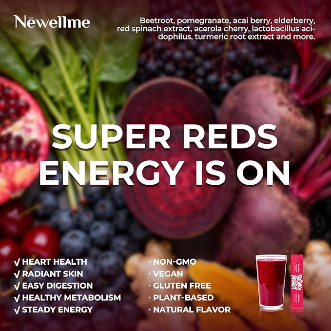 NEWELLME Organic Super Reds Beetroot Powder, Nitric Oxide & Blood Pressure Support, Heart & Circulation, Steady Energy, Sugar Free, Non-GMO, Grape Seed Polyphenols, 28 Sachets, Berry Flavor