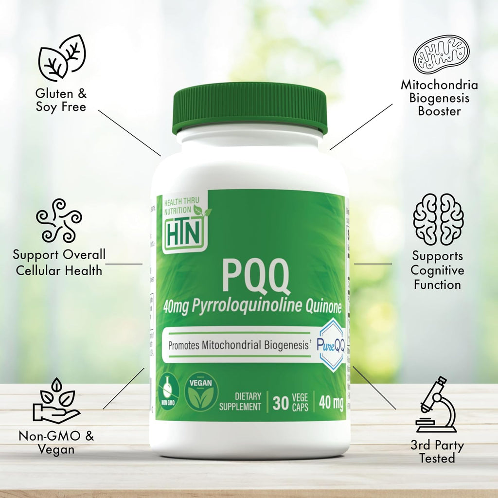 Health Thru Nutrition PQQ 40mg 30 Servings Pyrroloquinoline Quinone as PureQQ | Promotes Mitochondrial Biogenesis | Certified Vegan | Non-GMO Gluten Soy Free Capsules| Clean Label PQQ Supplement