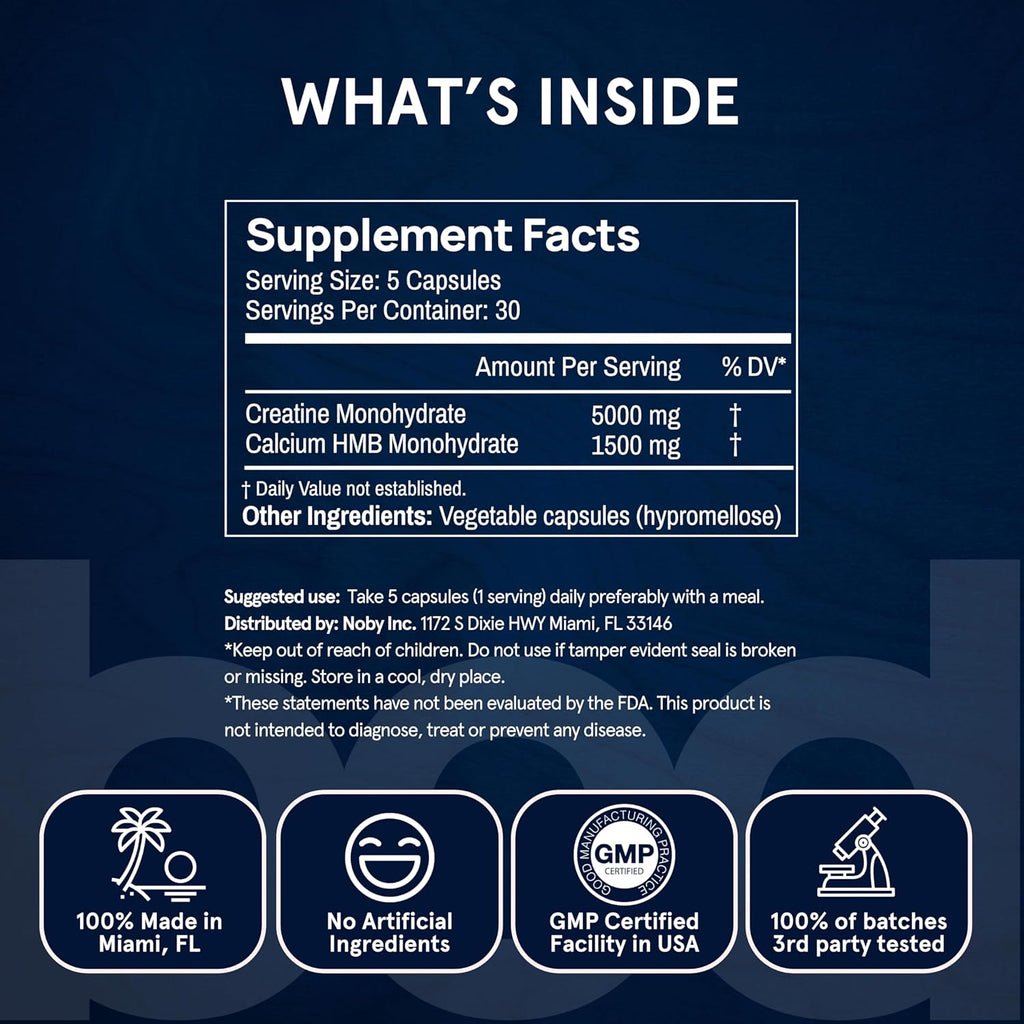 BOD Creatine HMB Capsules, Creatine Monohydrate Powder with HMB for Muscle Growth, Increased Strength, Energy, and Performance - No Bloat, No Load, Unflavored, Vegan, 150 Capsules, 30 SVG