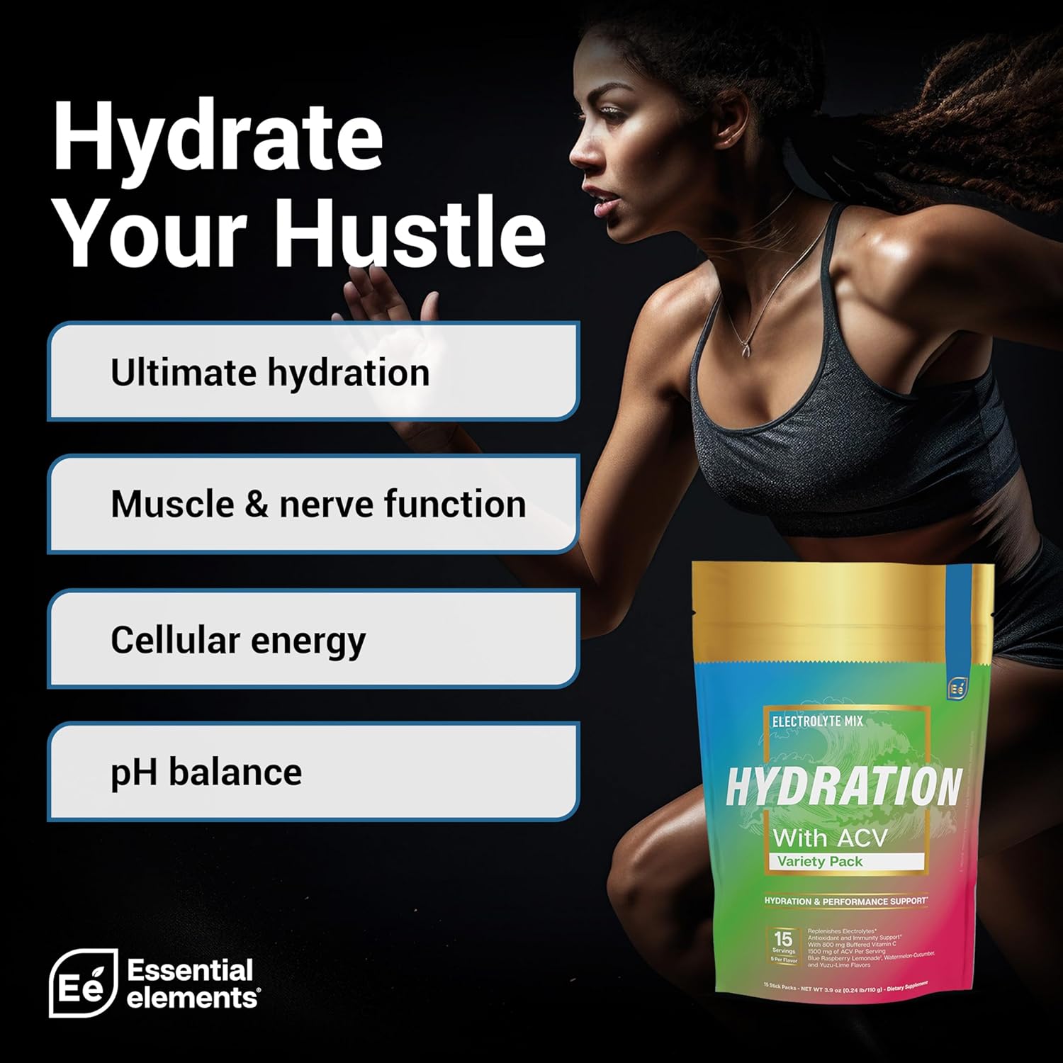 Essential Elements Hydration Packets - Electrolytes Powder Packets Sugar Free - 48 Stick Packs of Electrolytes Powder No Sugar - Electrolyte Water Drink Mix with ACV & Vitamin C - Variety Pack