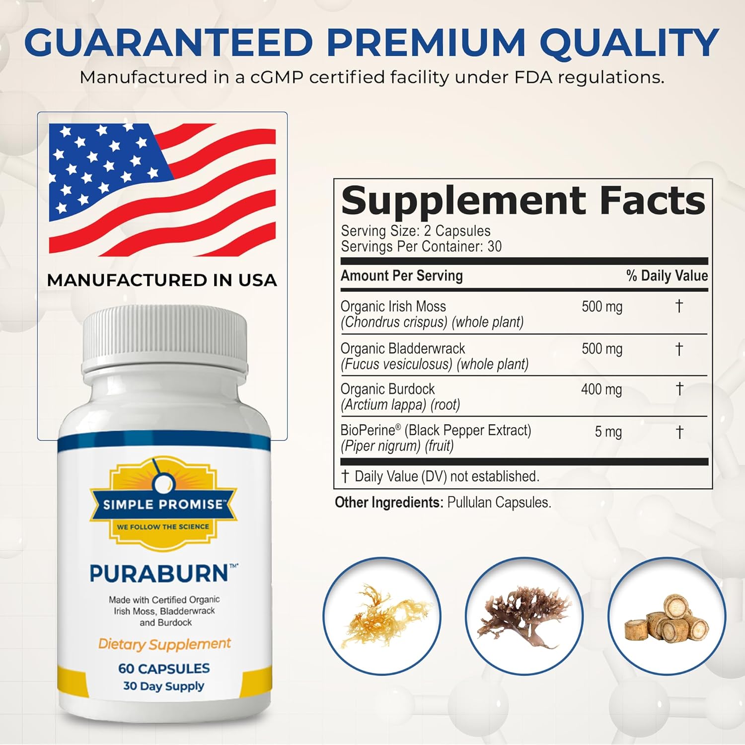 Simple Promise PuraBurn™ - Herbal Wellness Supplement with Organic Irish Sea Moss, Bladderwrack & Burdock Root - Supports Digestive Health & Nutrient Absorption - 60 Capsules