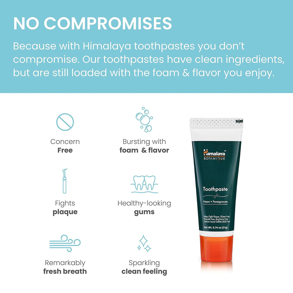 Himalaya Botanique Neem & Pomegranate Travel Toothpaste, Mint Flavor - Travel Size Fluoride Free Toothpaste Fights Plaque & for Fresh Breath - Vegan, Gluten Free, No SLS, 0.74 oz (Pack of 20)
