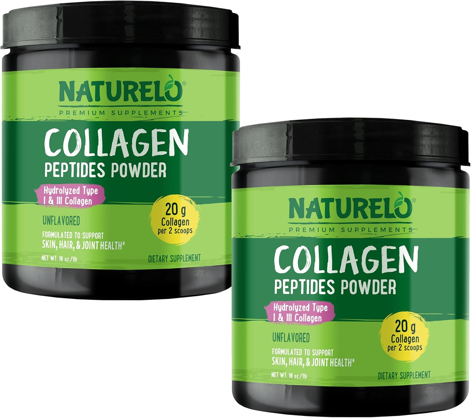 NATURELO Collagen Peptide Powder, Hydrolyzed Collagen Type I & III, Skin Hair & Joint Health - Unflavored, 16 Ounces (Pack of 2) | 90 Servings