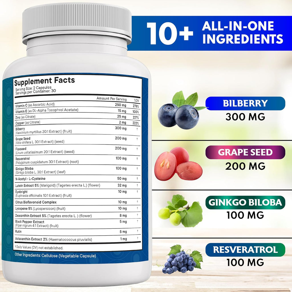 NEW AGE Eye Health Vitamins with Bilberry Lutein & Zeaxanthin Lycopene Resveratrol Grape Seed Extract Astaxanthin - Eye Vitamin - 180 Count