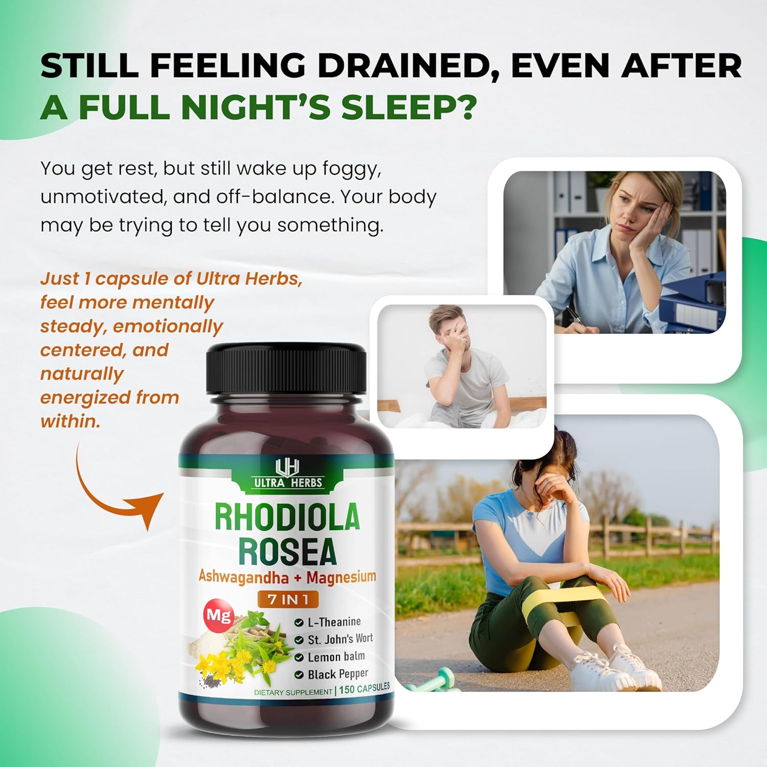 Rhodiola Rosea Supplement Enriched with Ashwagandha, Magnesium, L-Theanine, St. John's Wort, Lemon Balm - Support Mood, Sleeps Quality, and Mental Focus | 150 Capsules