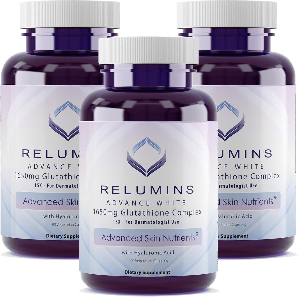 Relumins 1650mg L-Glutathione Complex with Hyaluronic Acid, Alpha Lipoic Acid, Rose HIPS, Vitamin E & Riboflavin – Antioxidant Support, Skin Hydration & Wellness – 90 Veggie Capsules x 3 Bottles