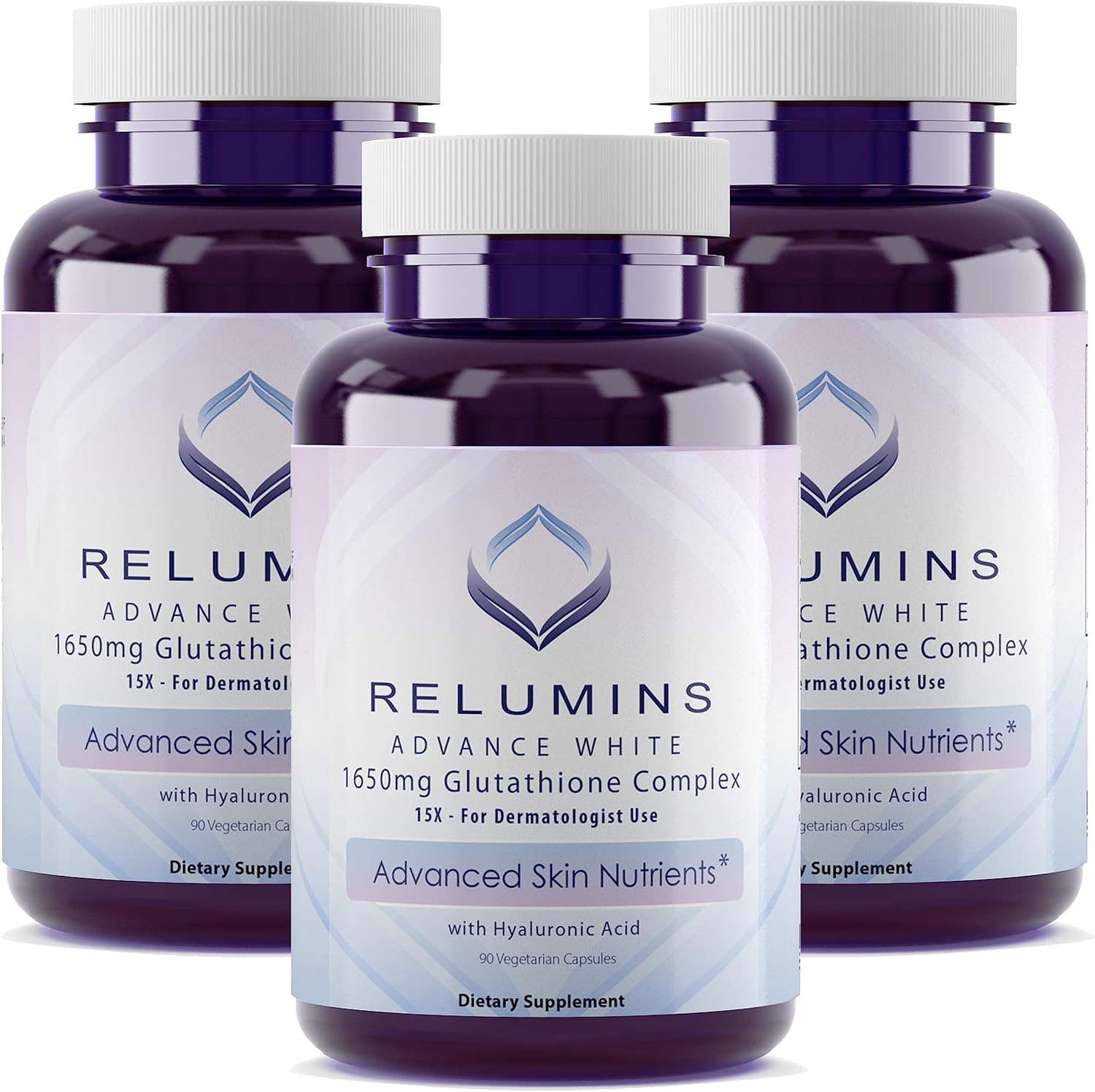 Relumins 1650mg L-Glutathione Complex with Hyaluronic Acid, Alpha Lipoic Acid, Rose HIPS, Vitamin E & Riboflavin – Antioxidant Support, Skin Hydration & Wellness – 90 Veggie Capsules x 3 Bottles