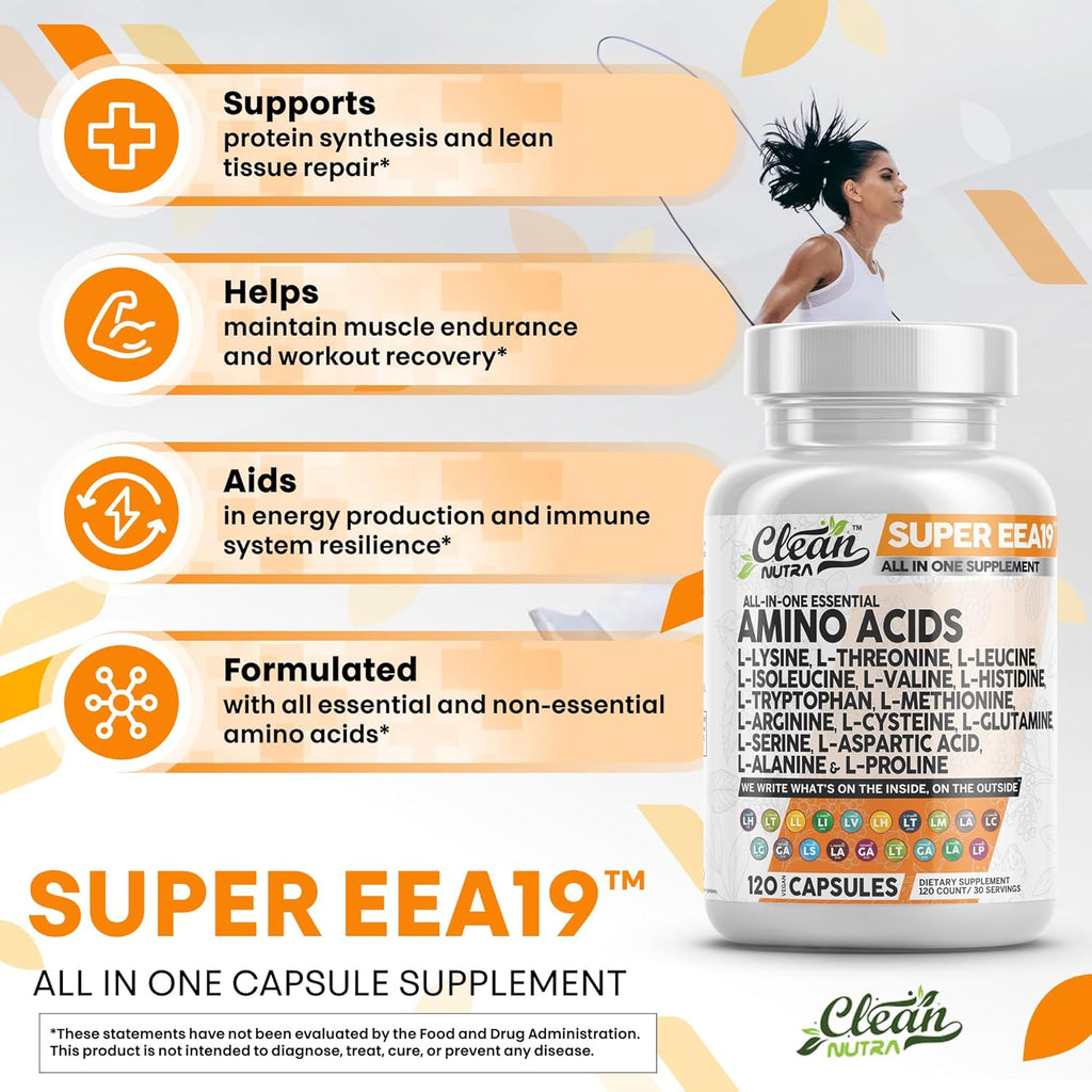 Clean Nutraceuticals Amino Acids Supplement L-Lysine, L-Threonine, L-Leucine, Isoleucine, Valine, L-Histidine, L-Tryptophan, L-Methionine, L-Arginine, L-Cysteine, L-Glutamine, L-Serine, Aspartic Acid