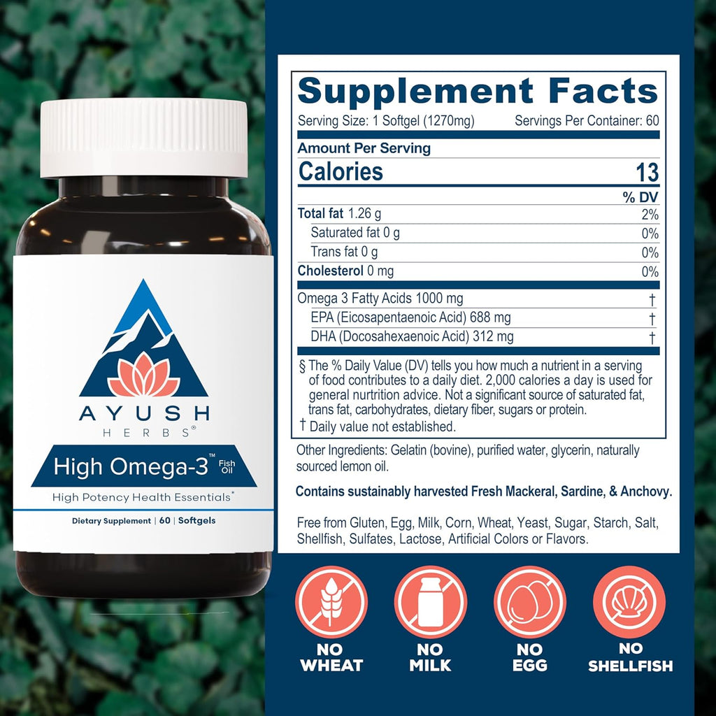 Ayush Herbs High Omega 3 - Omega 3 Fish Oil, 1000mg Per Capsule, EPA & DHA Fish Oil Supplement for Women & Men, Natural Lemon Flavor - 60 Softgel Capsules (1 Count)