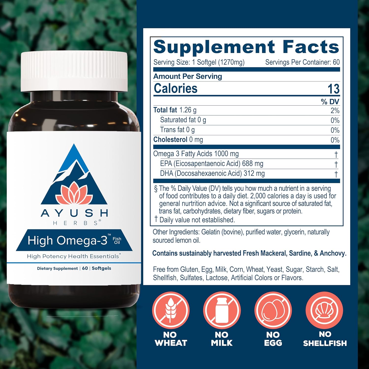 Ayush Herbs High Omega 3 - Omega 3 Fish Oil, 1000mg Per Capsule, EPA & DHA Fish Oil Supplement for Women & Men, Natural Lemon Flavor - 60 Softgel Capsules (1 Count)