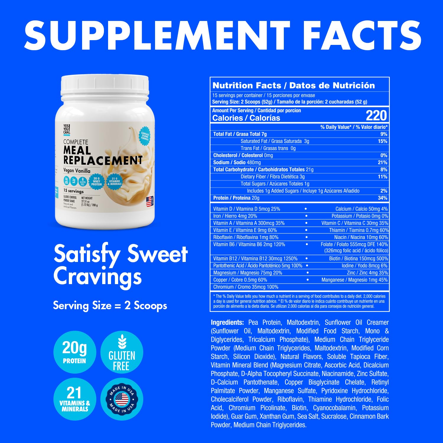 Yes You Can! Complete Meal Replacement - 15 Servings, 20g of Protein, 0g Added Sugars, 21 Vitamins and Minerals - All-in-One Nutritious Meal Replacement Shake (Vanilla)