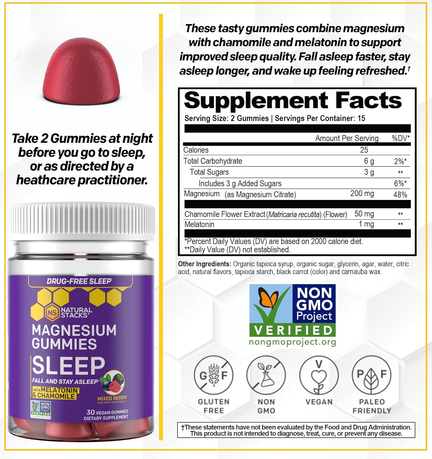 Sleep Magnesium Gummies with Melatonin - 200mg Magnesium Citrate - Melatonin Gummies for Sleep Quality - Nighttime Aid for Adults with Chamomile - 30 Mixed Berry Chewables