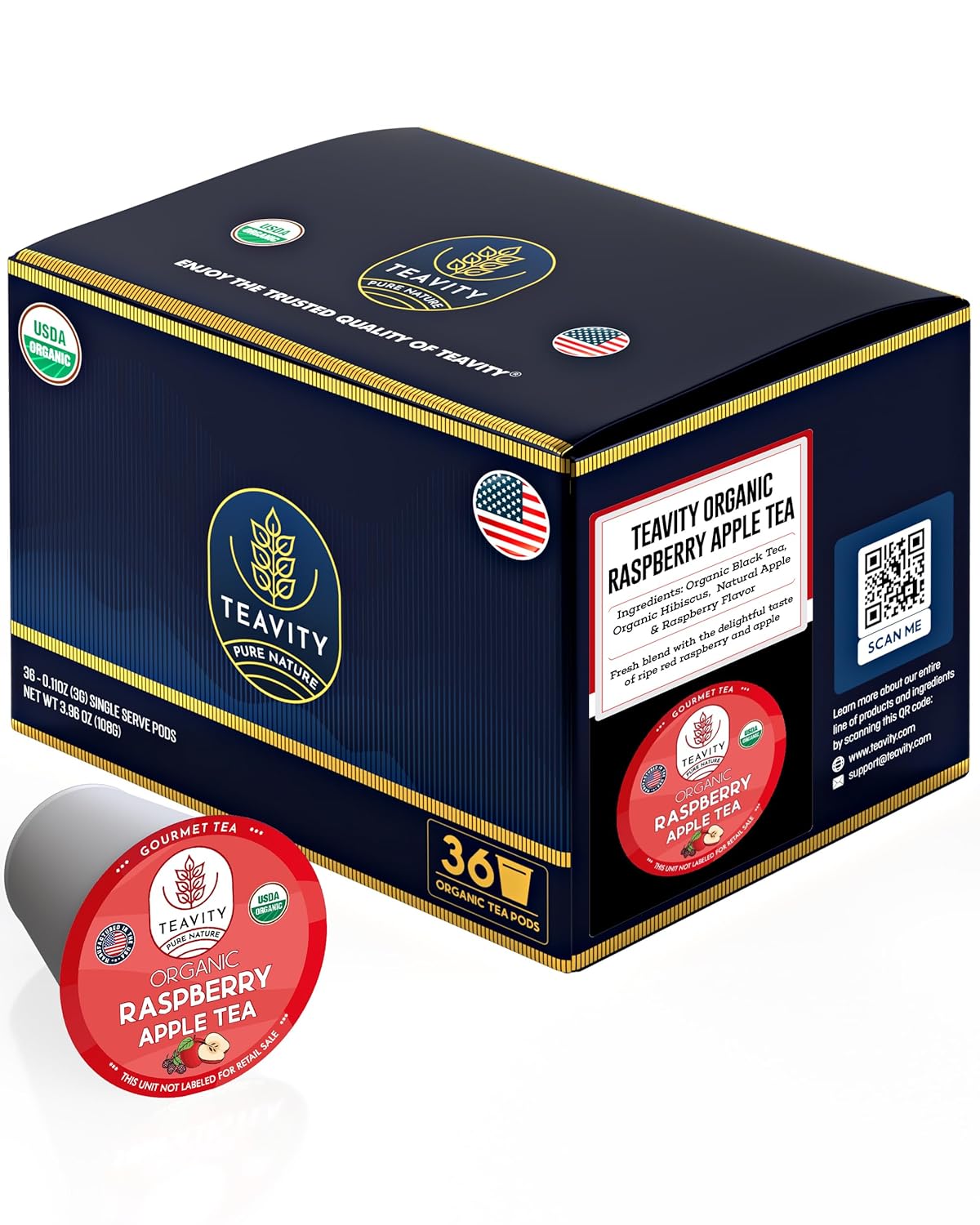 Organic Raspberry Apple Black Tea Pods for Keurig - Naturally Caffeinated Fruit Tea by Teavity (36 Tea Pods)