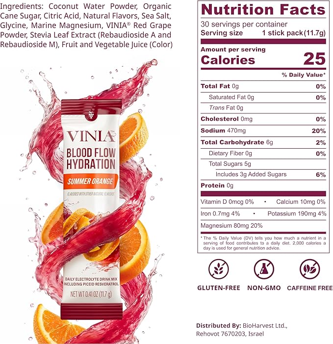 VINIA Resveratrol Electrolyte Hydration Powder Mix, Summer Orange | Boost Blood Flow & Circulation | Sea Salt, Coconut Water Potassium, Magnesium, Informed Sport Certified, 30 Sticks