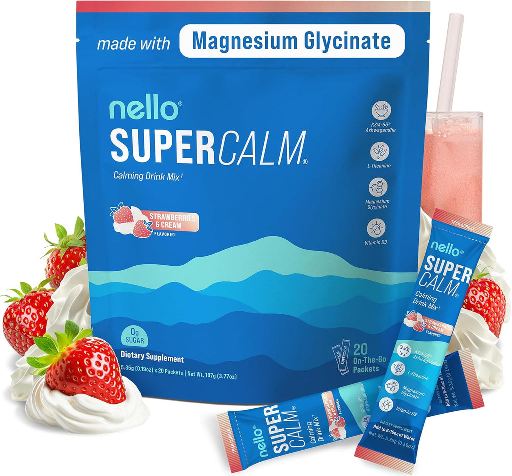Supercalm Drink Mix - Ashwagandha KSM 66, Magnesium Glycinate & L-Theanine Supplement, Vitamin D3 - Ashwagandha Root Extract - Focus and Relaxation Support (20 Travel Packets) - Strawberries & Cream