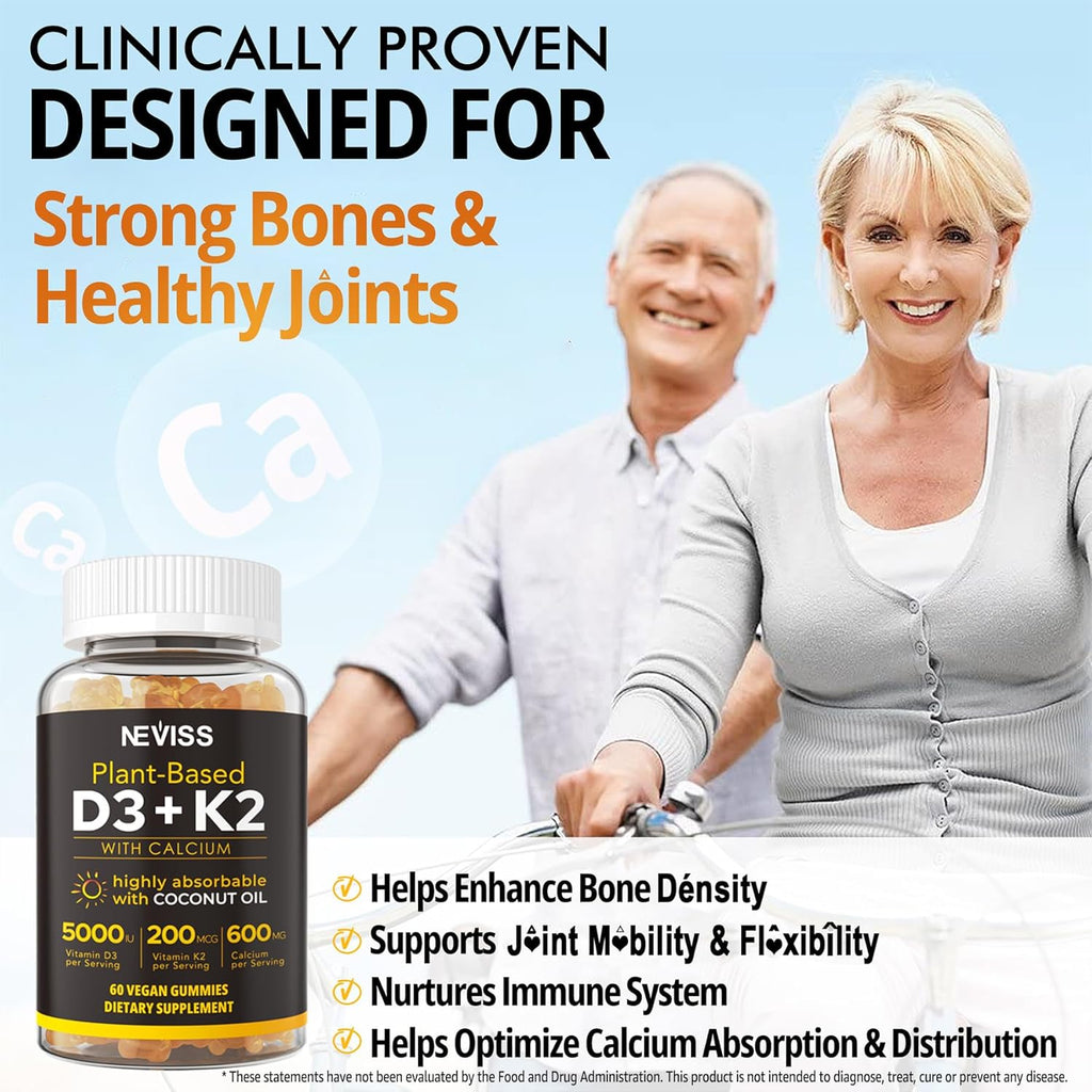 Vitamin D3 5000iu & K2( as MK7 ) 200mcg Gummies + 600mg Calcium, with Coconut Oil for High Absorption, Maximum Strength Vitamin D3 K2 Supplement - Support for Bones Muscle Teeth Immune, Vegan 2Packs