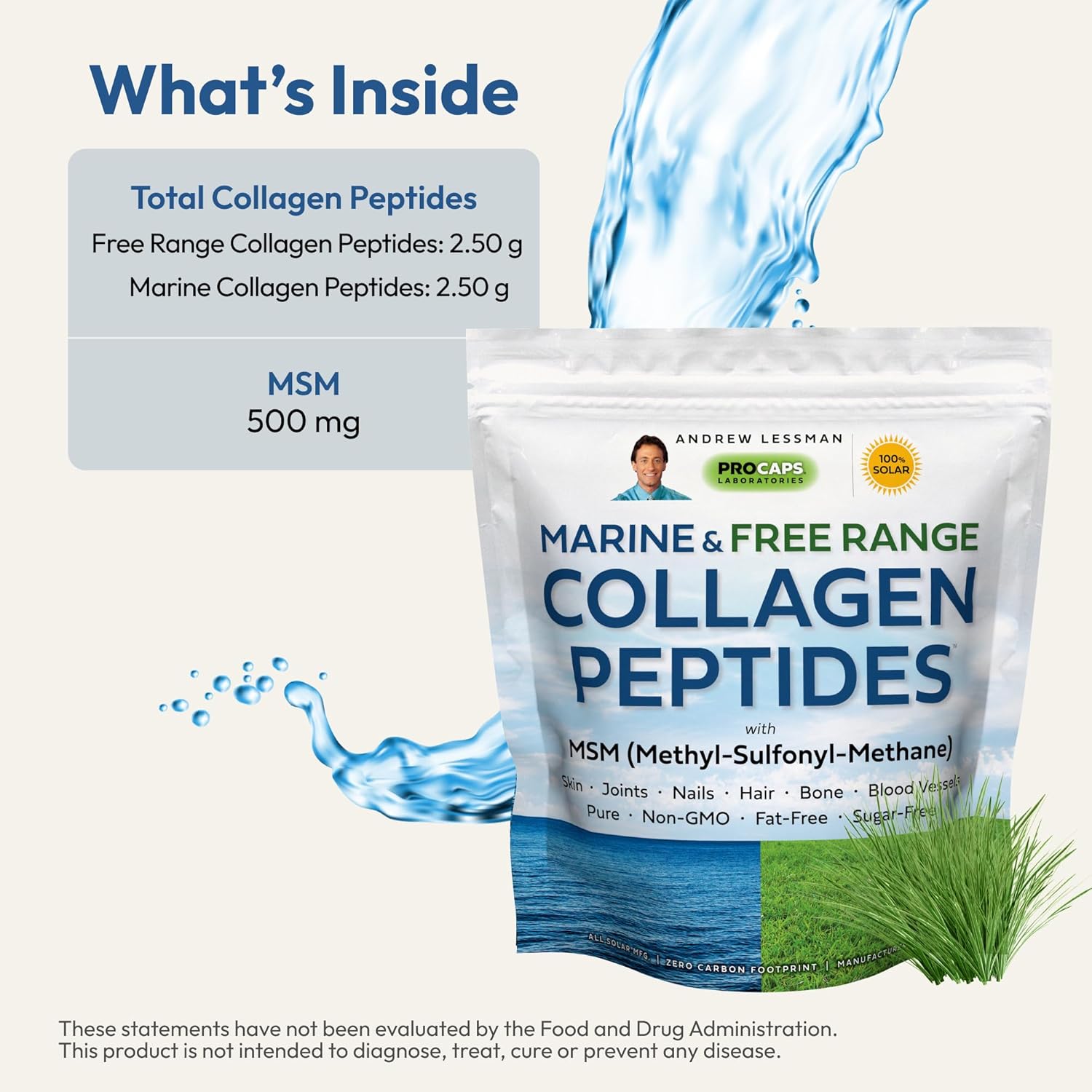 ANDREW LESSMAN Marine, Free Range Collagen Peptides Powder and MSM 120 Servings - Supports Radiant Smooth Soft Skin, Comfortable Joints. Super Soluble No Fishy Flavor No Additives Non-GMO
