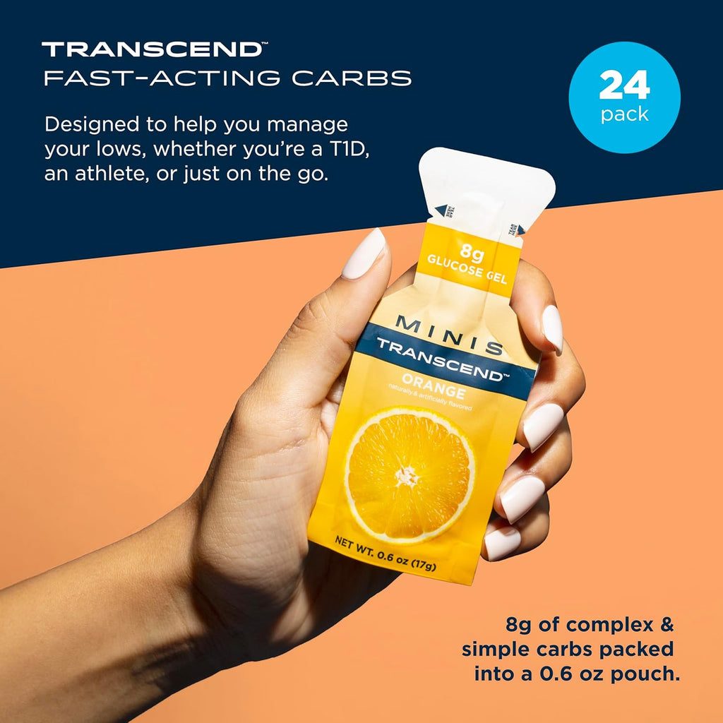 Transcend Foods Mini Orange Gel (.6 oz, Pack of 24) Fast-Acting Carb Gel Orange Flavor – Travel Size, Caffeine Free, Gluten Free