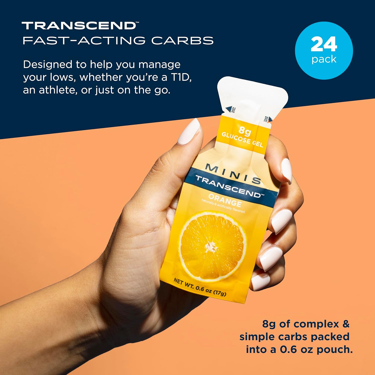 Transcend Foods Mini Orange Gel (.6 oz, Pack of 24) Fast-Acting Carb Gel Orange Flavor – Travel Size, Caffeine Free, Gluten Free
