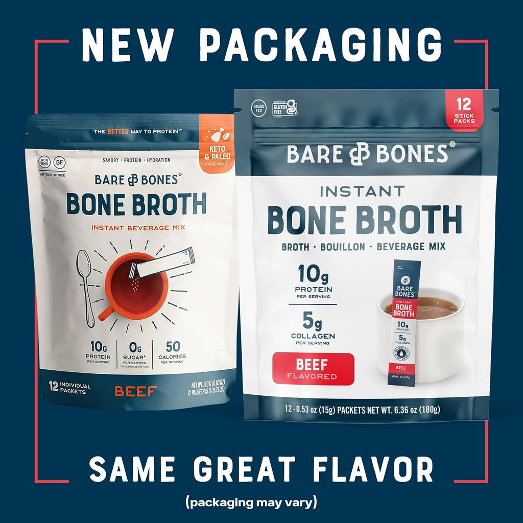 Bare Bones Beef Bone Broth Instant Powdered Mix | Rich Savory Packets on-the-Go No Artificial Flavors | 100% Grass Fed Keto & Paleo Friendly | 10g Protein | 12 Pack
