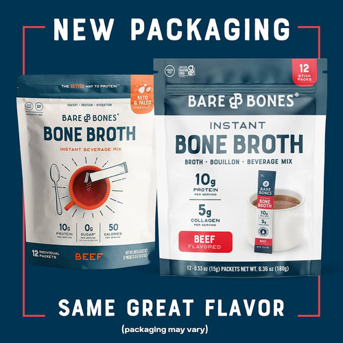 Bare Bones Beef Bone Broth Instant Powdered Mix | Rich Savory Packets on-the-Go No Artificial Flavors | 100% Grass Fed Keto & Paleo Friendly | 10g Protein | 12 Pack