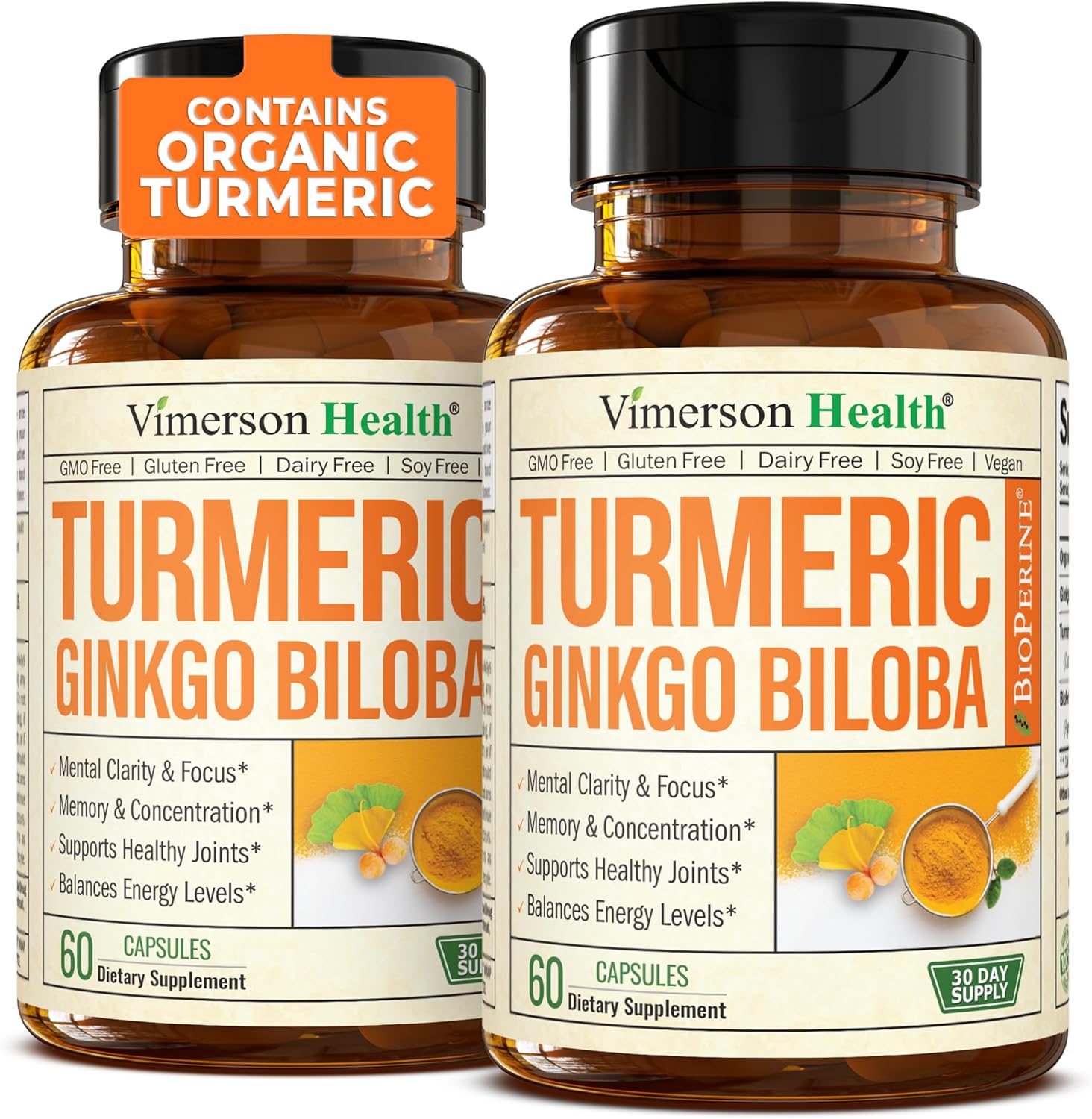 Turmeric Curcumin Supplement with Ginkgo Biloba & Black pepper – Natural Turmeric Supplement with Organic Tumeric for Joint Support, Brain Clarity, Focus & Memory – Vegan Ginko Biloba Capsules. 2 Pack