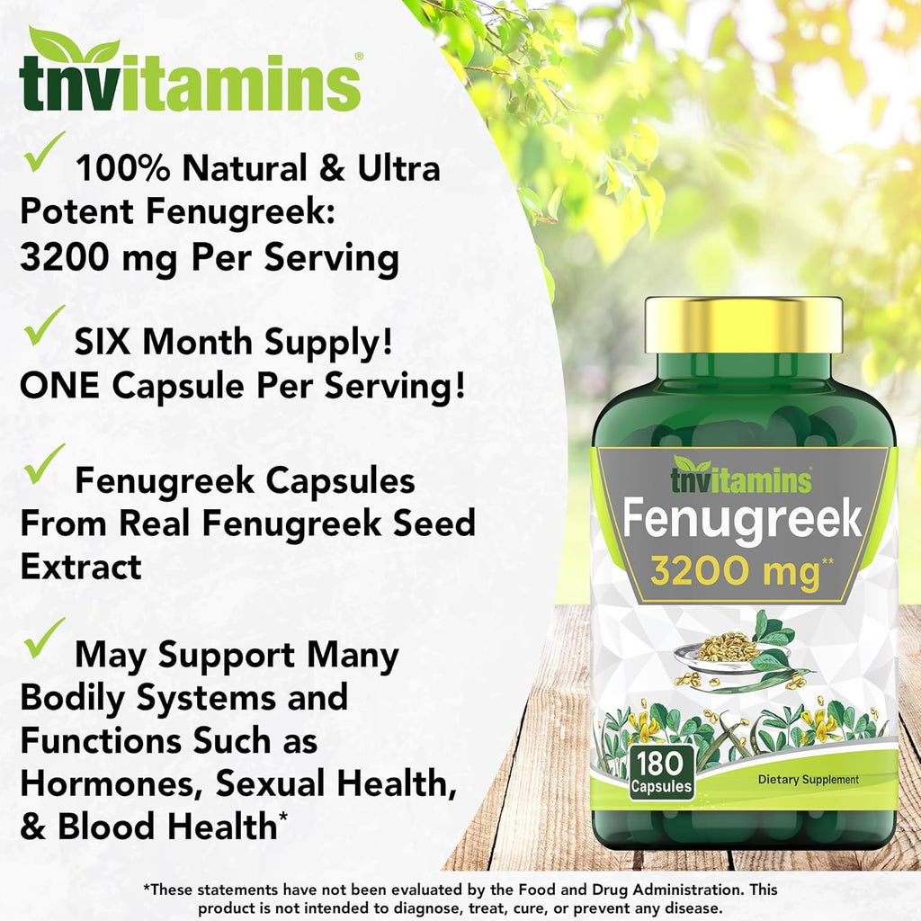 Fenugreek Capsules: 3200 mg - 180 Capsules | Fenugreek Supplement for Men & Women | Fenugreek Seed Powder Extract | Non-GMO | Made in The USA!