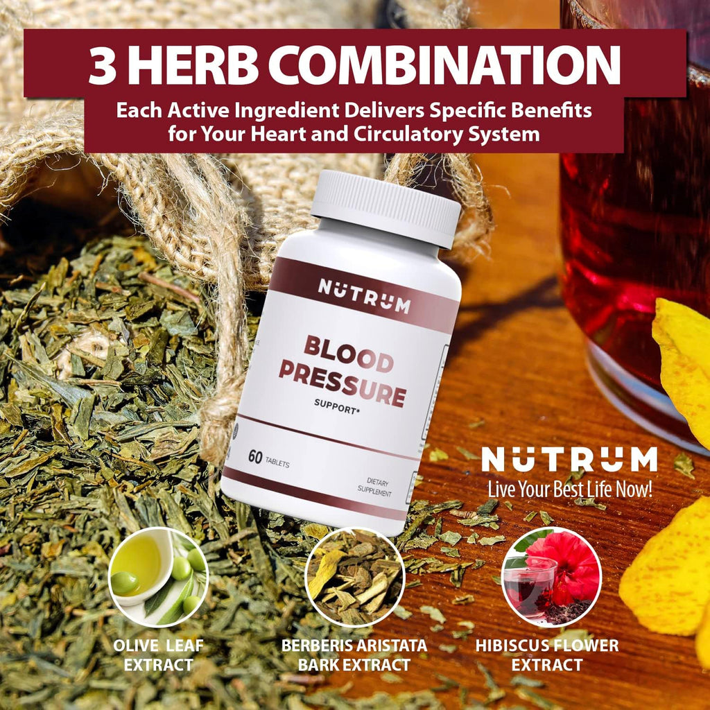 Blood Pressure Support, Vegan Dietary Supplement for Normal Heart and Circulatory Health, Natural Herbal Wellness Formula with Olive Leaf, Grape Seed, and Garlic Bulb Extract, 60 Tablets