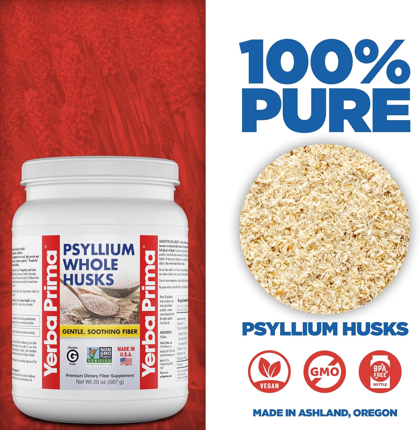 Yerba Prima Psyllium Whole Husks Fiber Supplement - Colon Cleanse - Gut Health - Vegan Non-GMO Gluten Free - 20oz