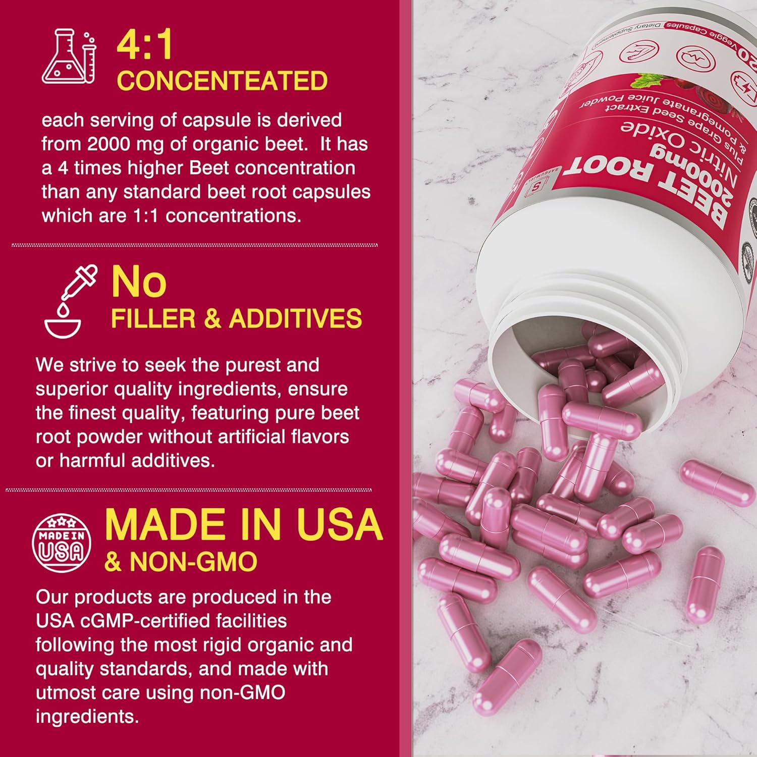 Beet Root Capsules 2000mg Nitric Oxide Supplements w/ Grape Seed Extract, Pomegranate Extract Supports Circulation & Blood Flow, Energy for Men/Women, Organic Beetroot Powder, Non GMO, 240 Counts