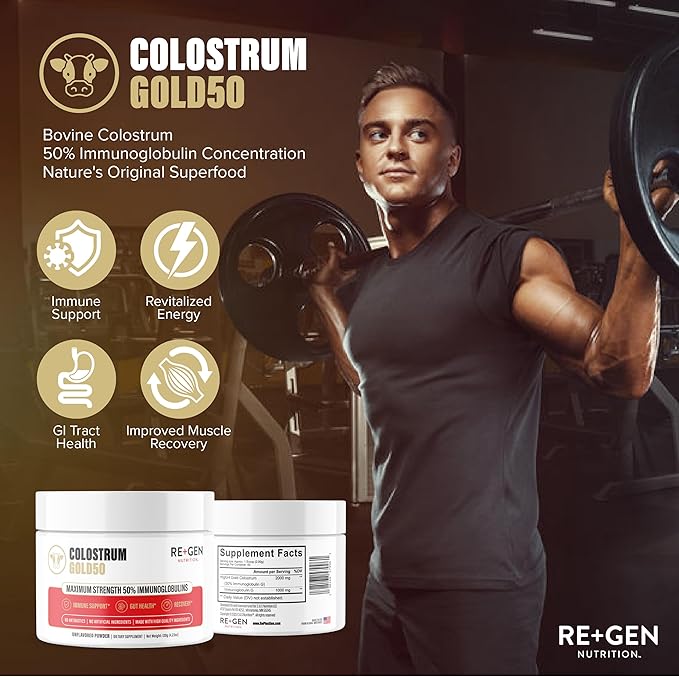 Re+Gen Nutrition Colostrum Gold 50 Bovine Colostrum Powder for Gut Health, Immune Support & Muscle Recovery – 50% IgG Concentration, Grass Fed, Gluten Free, No Artificial Ingredients