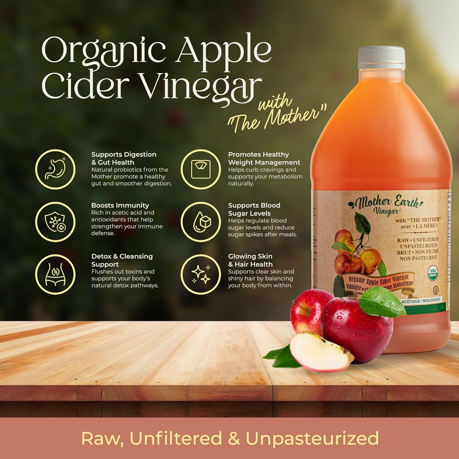 Mother Earth, Organic Apple Cider Vinegar with The Mother, Half Gallon, Fresh Pressed Organic Apples, OACV, ACV, Raw, Unpasteurized, Unfiltered (1/64oz Bottle)