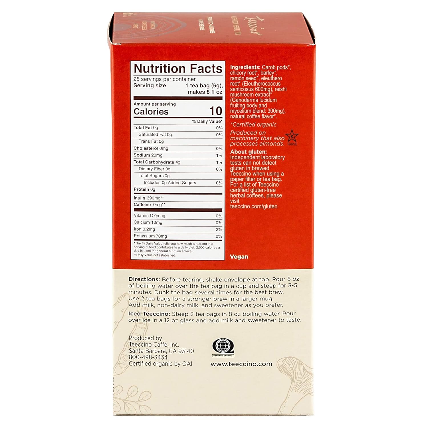 Teeccino Reishi Eleuthero Tea - French Roast - Organic Mushroom Adaptogenic Herbal Tea, 3x More Herbs than Regular Tea Bags, Caffeine Free, Chicory Prebiotic - 25 Tea Bags, Pack of 3