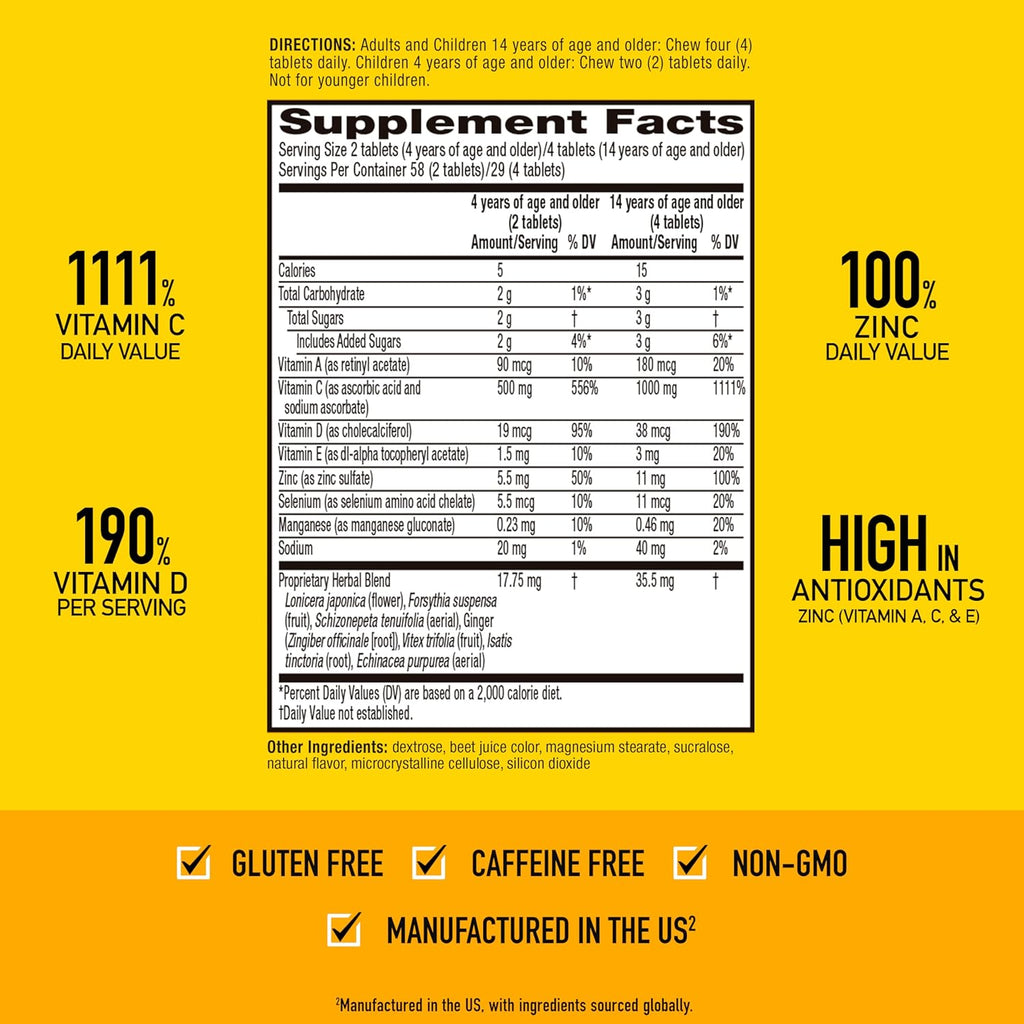 Airborne Vitamin C 1000mg (per Serving) - Very Berry Chewable Tablets (116 Count in a Bottle), Gluten-Free Immune Support Supplement, with Vitamins A C E, Zinc, Selenium, Ginger, Antioxidants