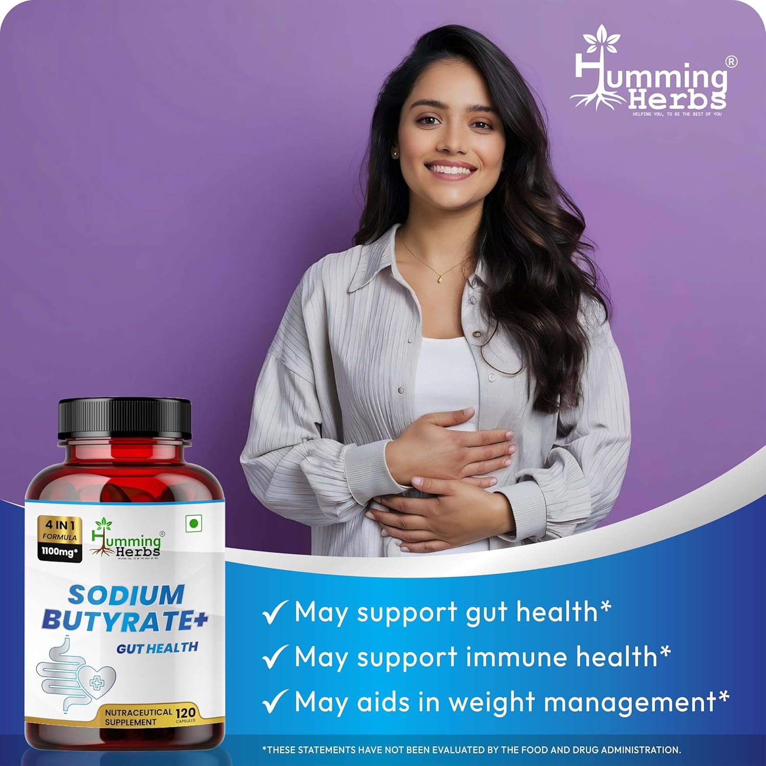 Sodium Butyrate 1100mg per Serving – 120 Capsules with– L-Glutamine, Prebiotic Inulin, Probiotic Blend
