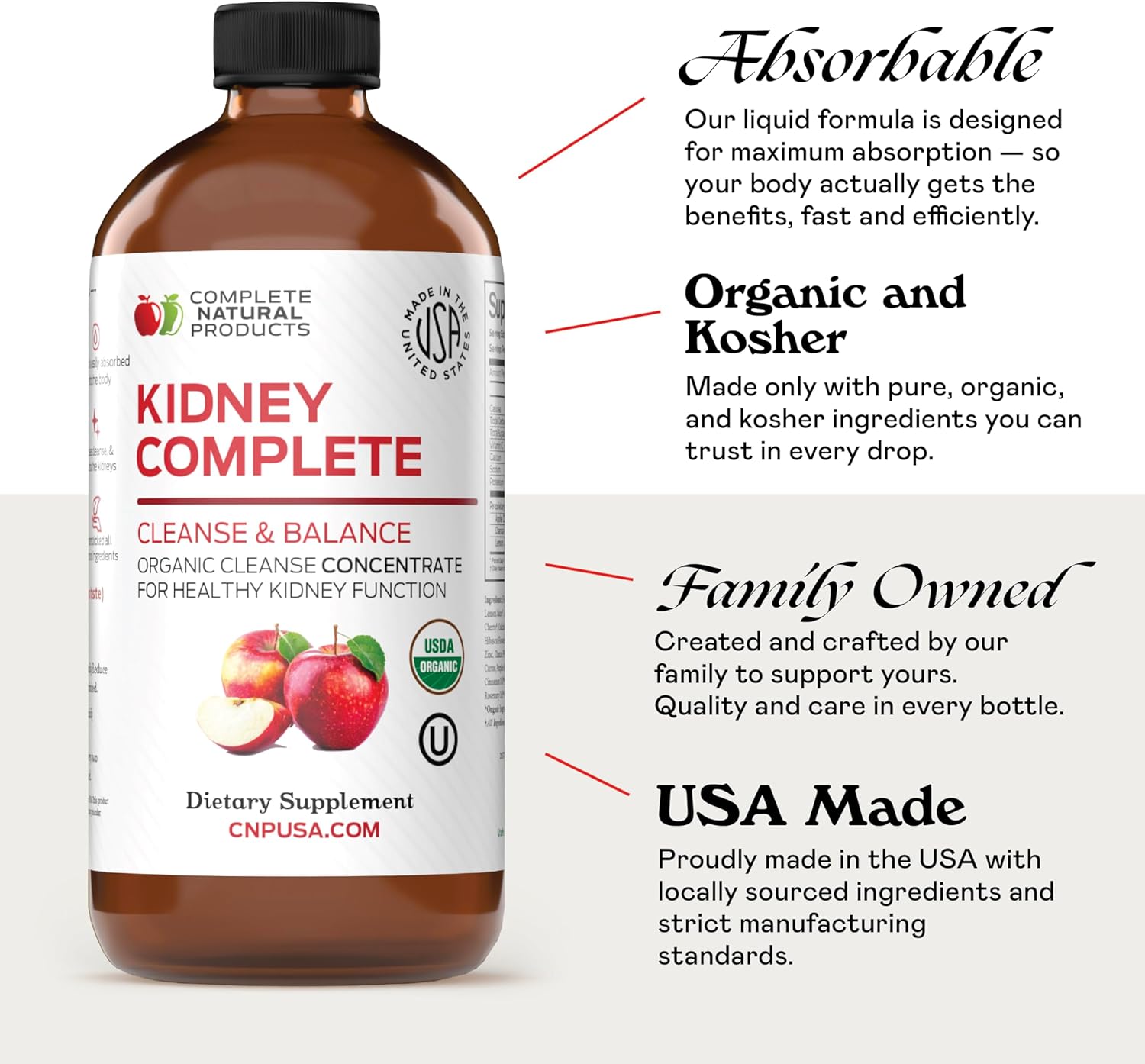Complete Natural Products Kidney Complete - 16oz Liquid Dietary Supplement for Kidney Support, Cleanse, and Detox with Apple Cider Vinegar, Lemon, & Organic Chanca Piedra.