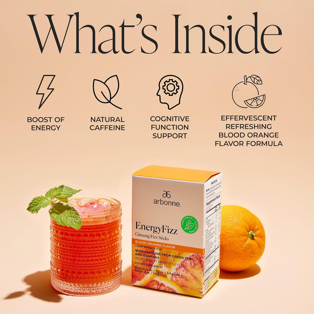 Arbonne Ginseng Energy Supplements - Blood Orange Flavor Fizz Sticks, Energy Boost with Caffeine Powder from Guarana and Green Tea, Delicious Alternative to Caffeine Pills