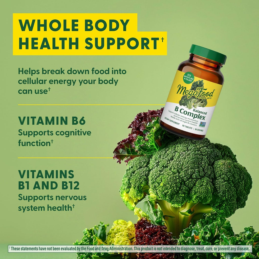 MegaFood Balanced B Complex - B Complex Vitamin Supplement - 8 B Vitamins Including Vitamin B6, Vitamin B12, Folate, Biotin & More - Supports Cellular Energy Production - Vegan, Gluten Free - 60 Tabs
