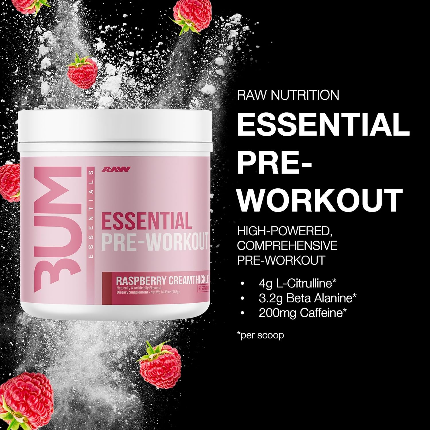 RAW Essential Pre-Workout Powder (Rathberry Creamthickle) - Chris Bumstead Sports Supplement for Men & Women - Preworkout Energy Powder with Caffeine, L-Citrulline, L-Tyrosine, & Beta Alanine Blend