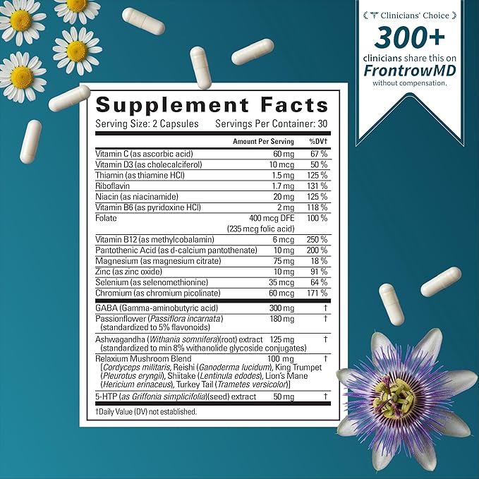 Relaxium Calm - Stress, Mood + Immune Support Supplement, Non-Habit Forming with Ashwagandha, 5-HTP & GABA, Mushroom Blend. Made in USA, 60 Capsules