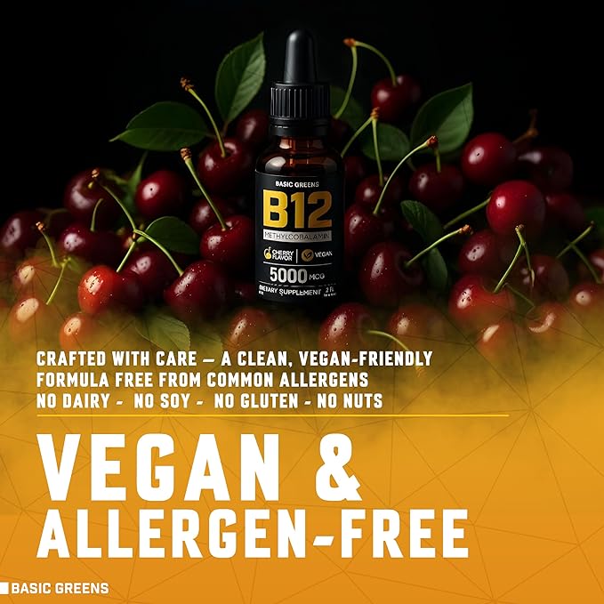 Vitamin B12 Sublingual Liquid Drops 5000 mcg – Vegan Methyl B-12 Supplement for Energy & Focus – B 12 Vitamin for Women & Men – Fast Absorption Methylcobalamin – 120 Servings – 4 fl oz
