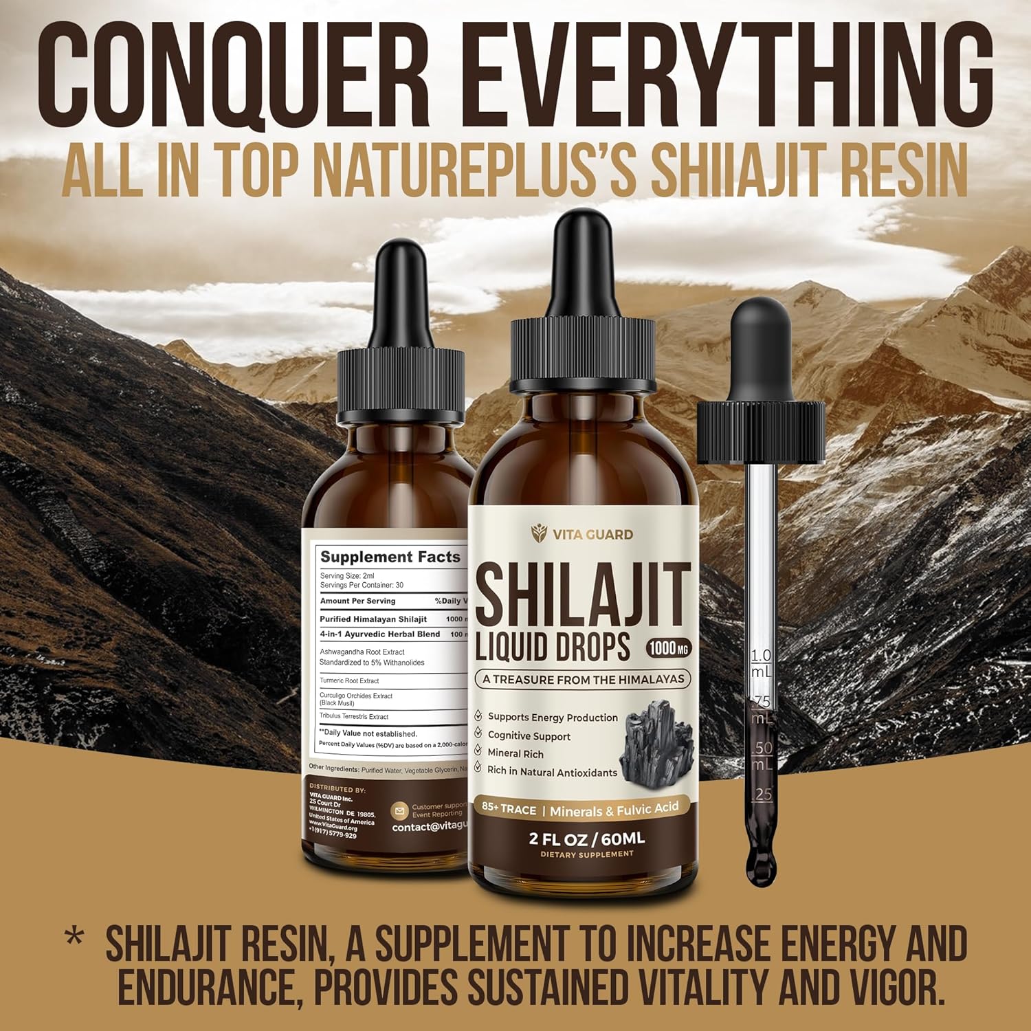 Himalayan Shilajit Liquid Drops – 1000mg Energy & Immunity Support with 85+ Trace Minerals & Fulvic Acid – Strength, Vitality Supplement for Men & Women – 30-Day Supply