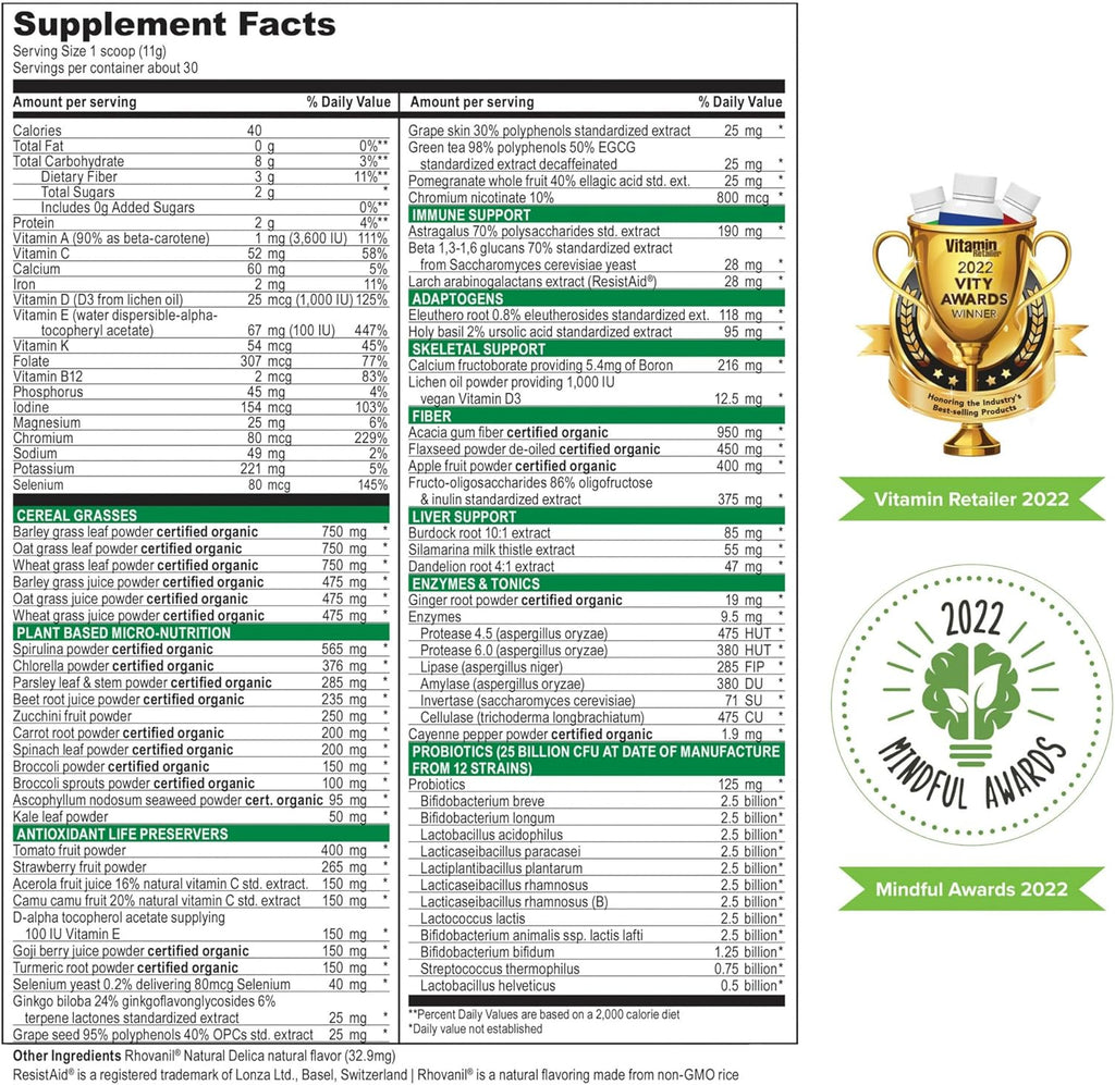 Vibrant Health, Green Vibrance, Includes 65 Plant-Based Superfoods, 25 Billion Probiotics, Fiber, Adaptogens & Enzymes, 30 Servings