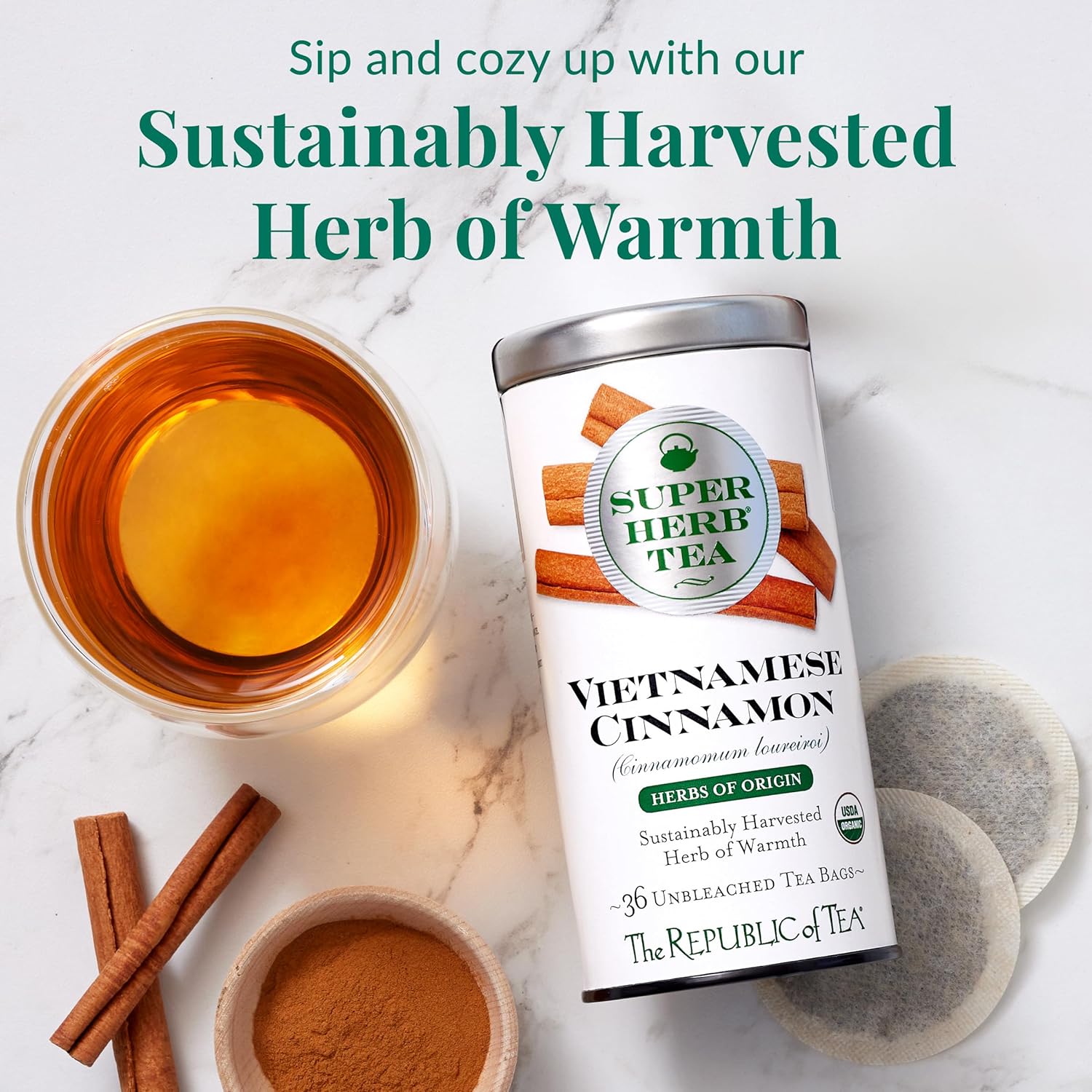 The Republic of Tea — Organic Vietnamese Cinnamon SuperHerb Tea Tin, 36 Herbal Tea Bags, Naturally Caffeine-Free Herbs of Origin