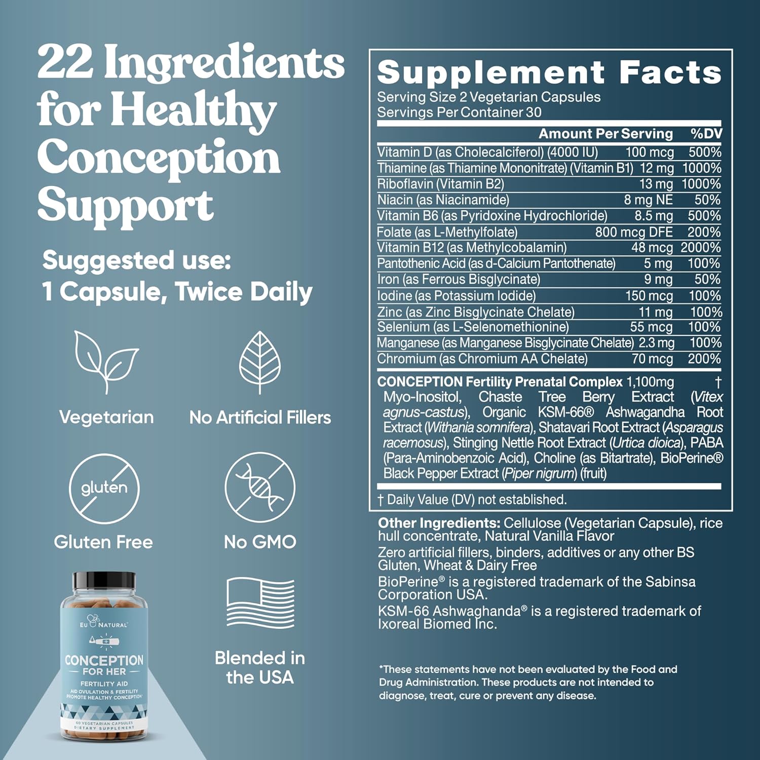 Conception for Her Capsules + Regulate MAX Myo-Inositol D-Chiro Inositol Powder - Fertility Support, Hormone Balance, Regulate Cycles - 60 Vegetarian Soft Capsules + 60 Servings Powder