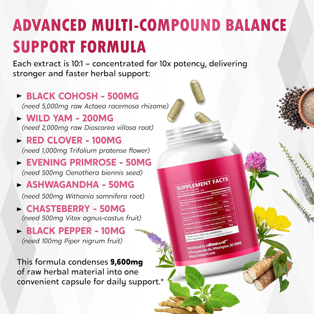 Black Cohosh 9,600mg* – Hormonal Balance Support with Wild Yam, Red Clover, Ashwagandha, Chasteberry & More – 150 Capsules – Made & Lab Tested in USA