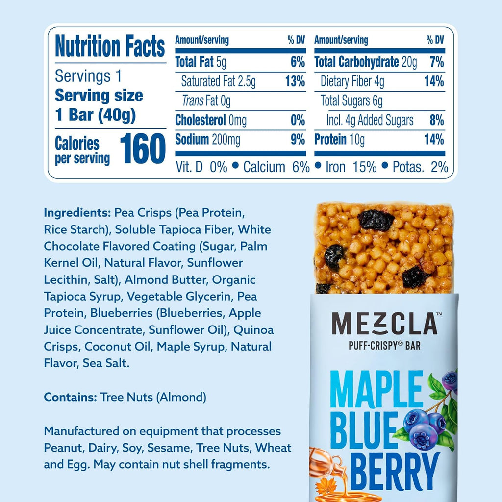 Mezcla Puff Crispy Protein Bars, Gluten Free & Vegan Protein Bars, 10g Protein, Alt for Crispy Rice Treat, Granola Bars & Breakfast Bars, Healthy Snacks for Adults, Maple Bluberry, 12 Pack